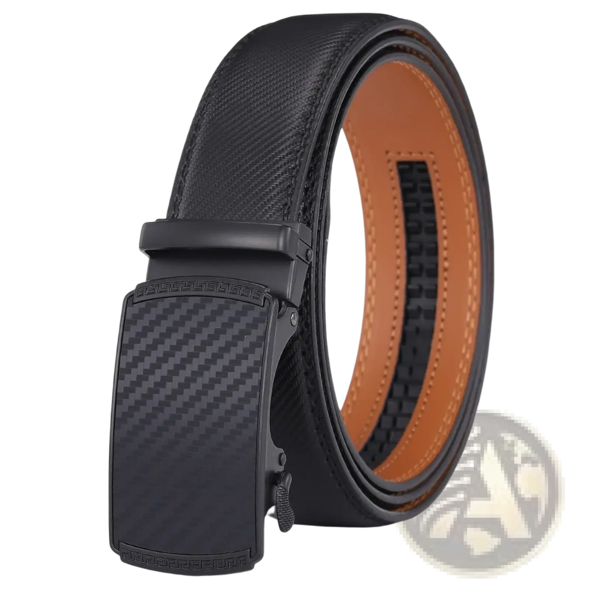 Men leather automatic belt luxury business dress strap black carbon fiber pattern with tan inner lining and stitched edges