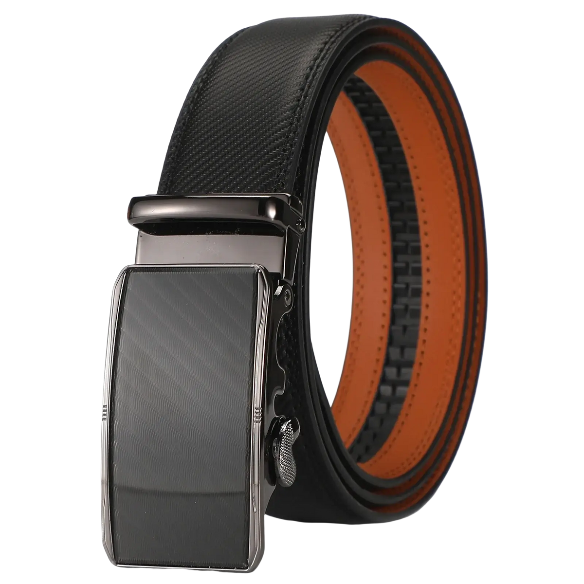 Men leather automatic belt with black leather strap, sleek matte metal buckle, and contrasting orange inner lining