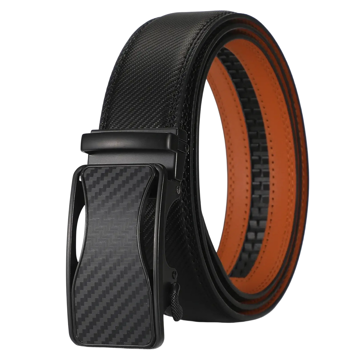 Black leather men automatic belt with carbon fiber pattern buckle and orange inner lining for business dress use