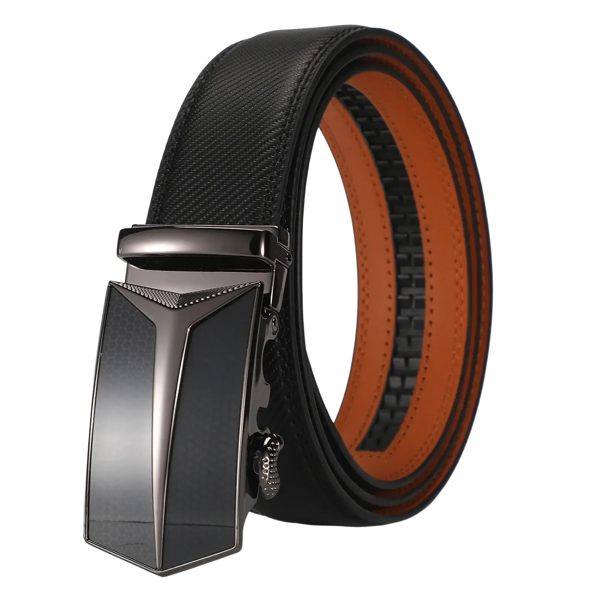 Men leather automatic belt with black leather strap, matte metal buckle, and orange inner lining for luxury business dress use