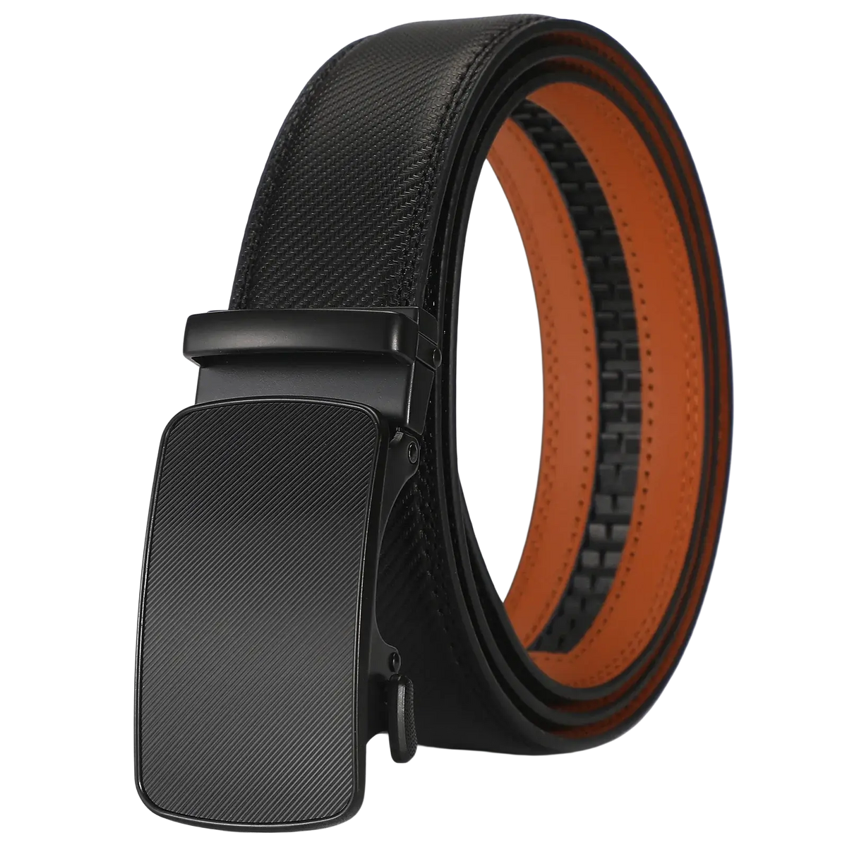Men leather automatic belt with black leather strap matte-finish buckle and contrasting orange inner lining for business use
