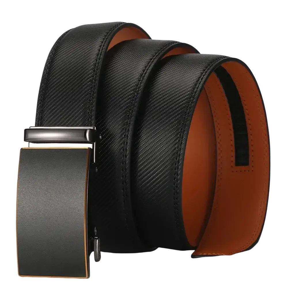 Black leather automatic belt with matte-finish buckle and orange lining for luxury business dress use