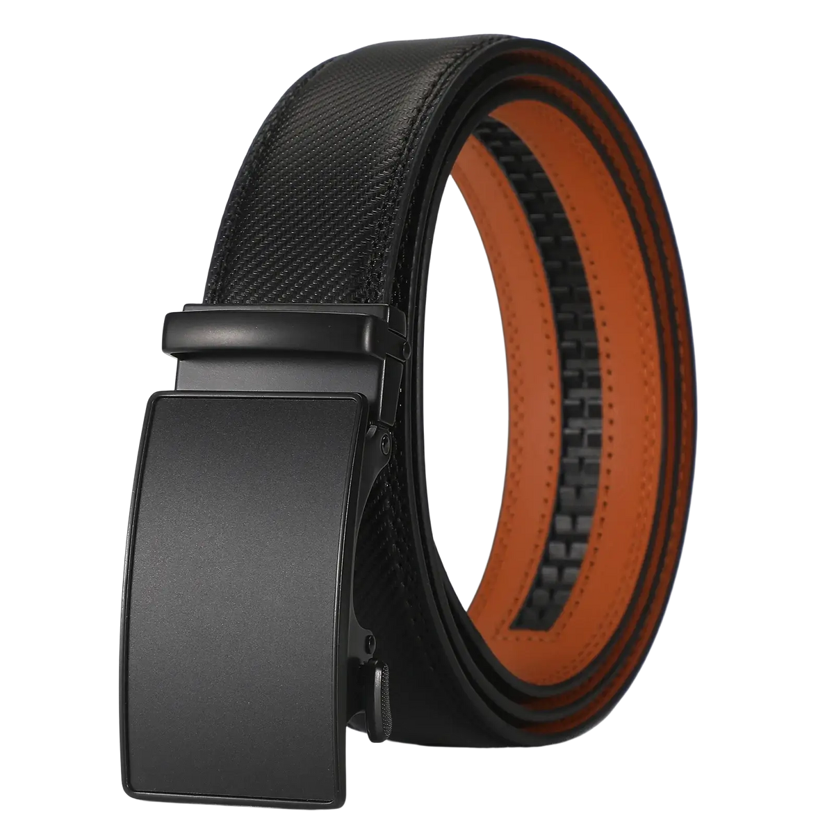 Men leather automatic belt with black leather strap, matte black buckle, and orange inner lining for business dress use