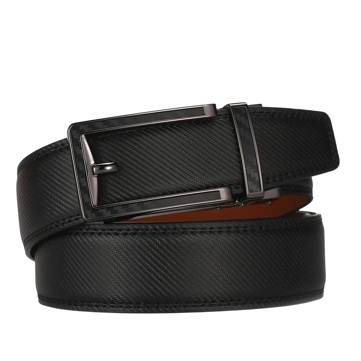 Black leather automatic belt with a sleek texture and modern matte black buckle for luxury business dress use