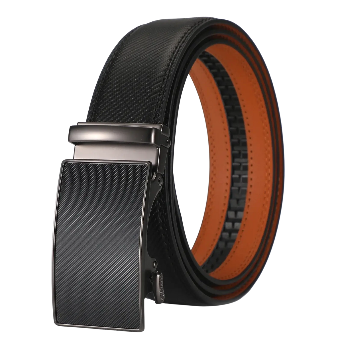 Men leather automatic belt with black leather strap, matte textured metal buckle, and orange inner lining for business dress