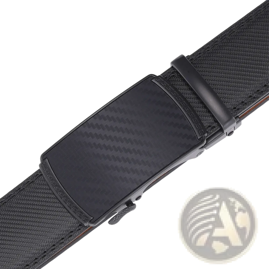 Men leather automatic belt with black carbon fiber-patterned buckle and textured woven business dress strap