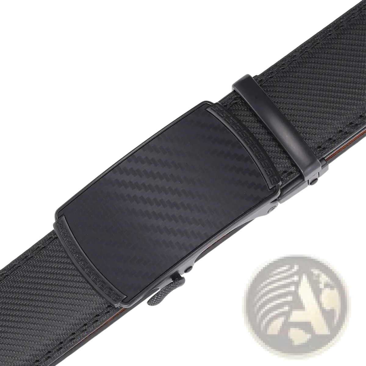Men leather automatic belt with black carbon fiber-patterned buckle and textured woven business dress strap