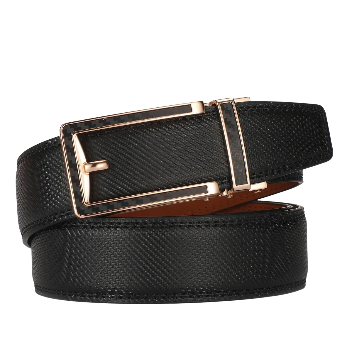 Black carbon fiber textured men leather automatic belt with rose gold tone rectangular buckle for luxury business dress