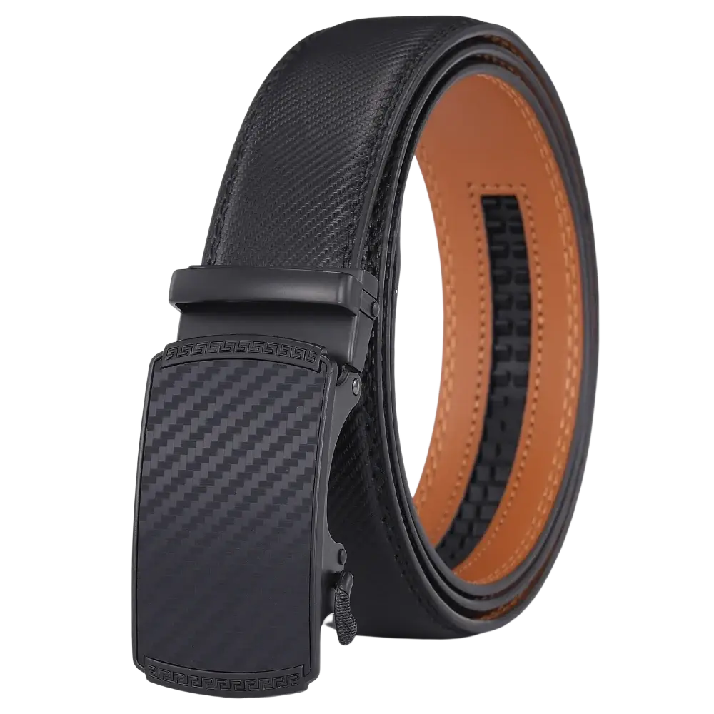 Men leather automatic belt luxury business dress strap black carbon fiber pattern with tan inner lining and stitched edges