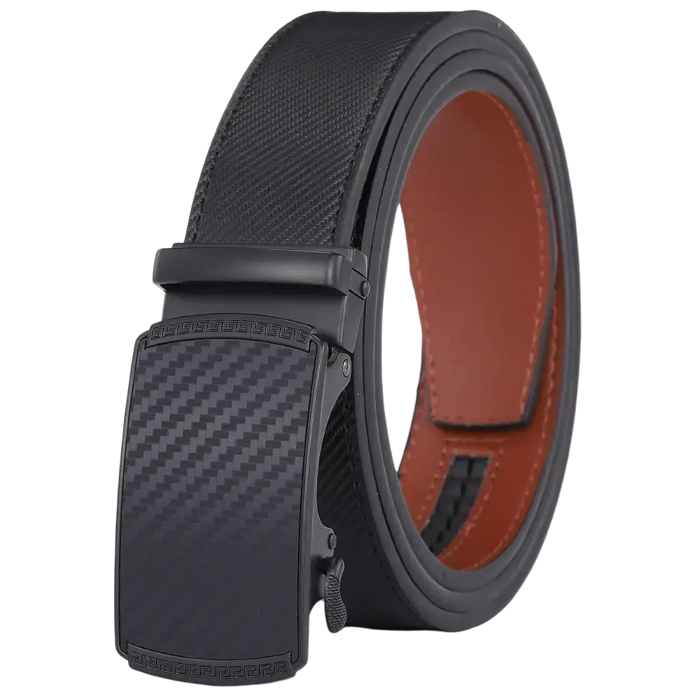 Men leather automatic belt luxury business dress strap with black carbon fiber pattern and brown leather interior