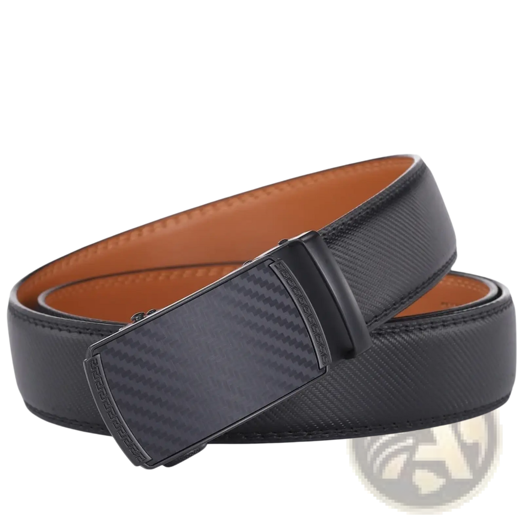 Black leather automatic belt with carbon fiber-patterned buckle for luxury business dress use