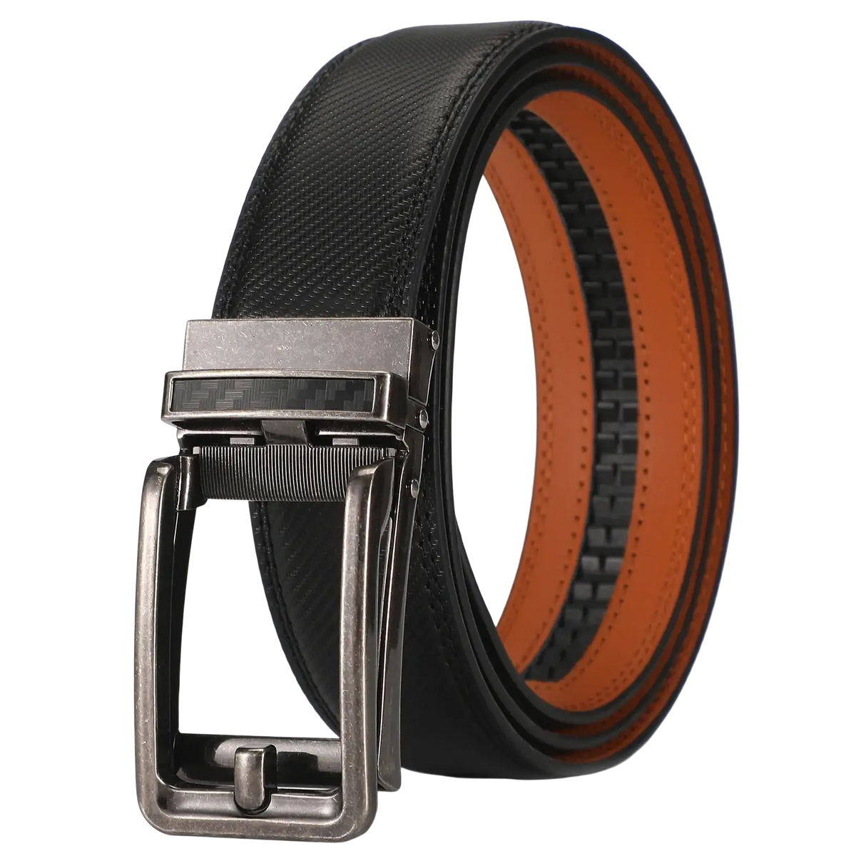Men leather automatic belt luxury business dress strap in black and orange two-tone leather with silver buckle