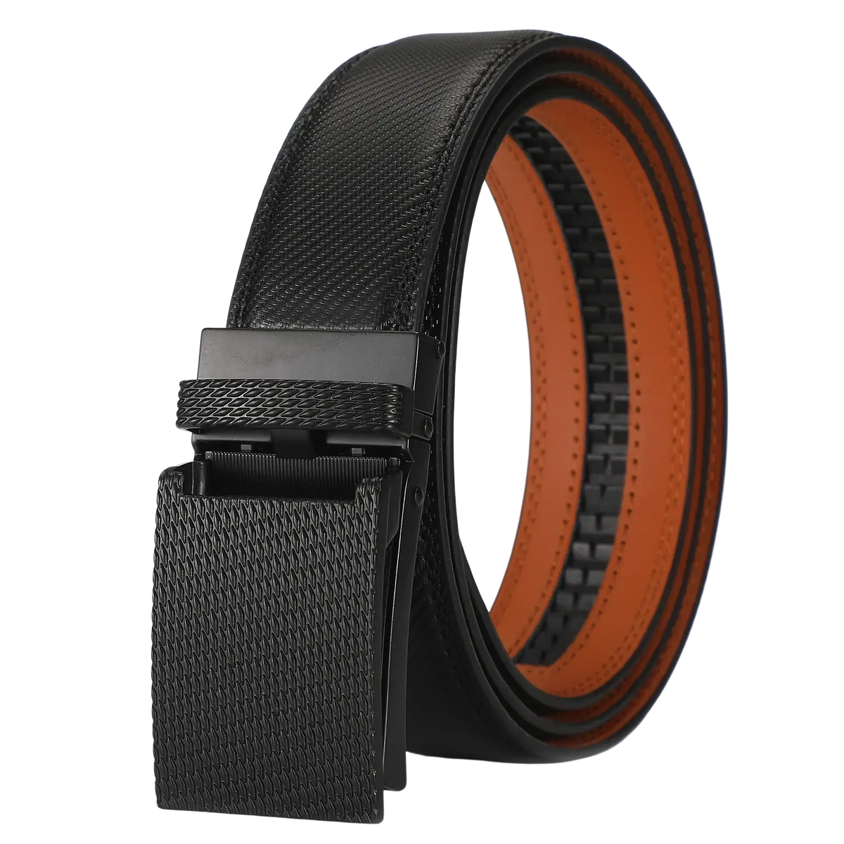 Men leather automatic belt with black textured leather strap, matte black mesh buckle, and orange inner lining