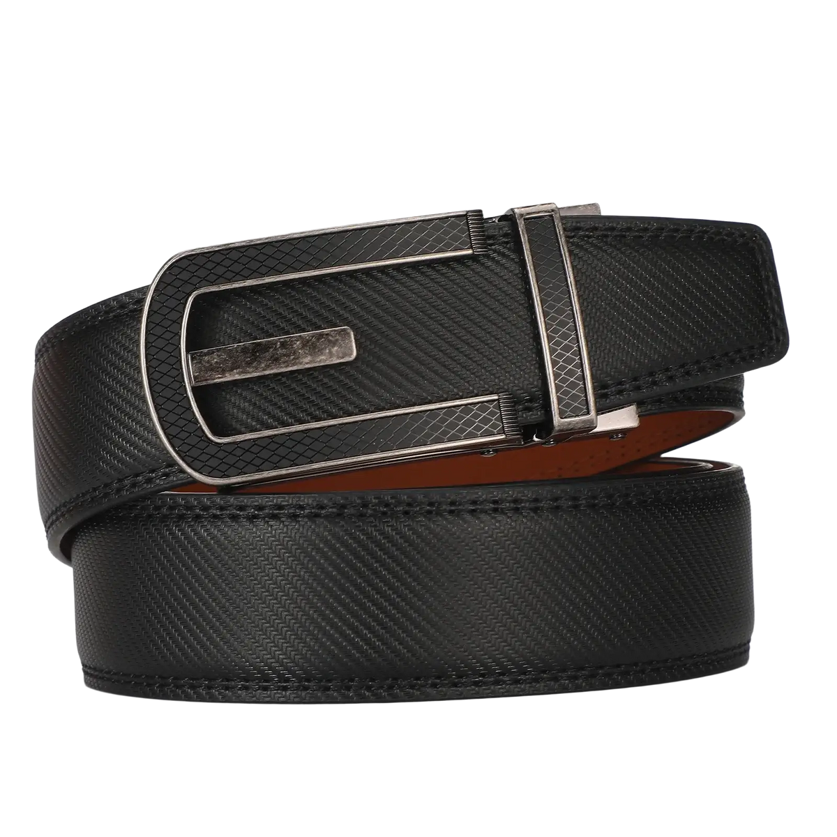 Black textured leather men automatic belt with silver-toned rectangular buckle luxury business dress strap