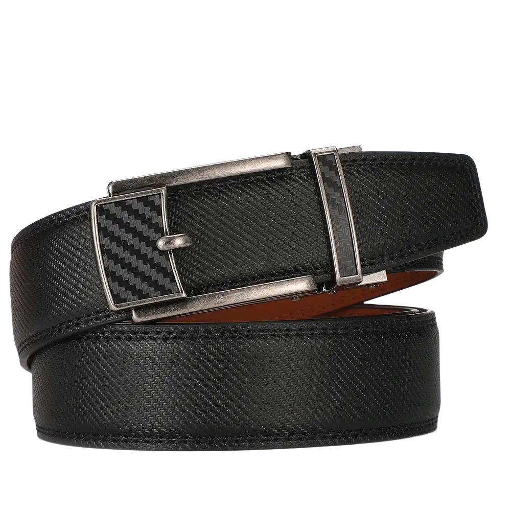 Black textured leather men’s automatic belt with silver-toned buckle featuring carbon fiber luxury business design