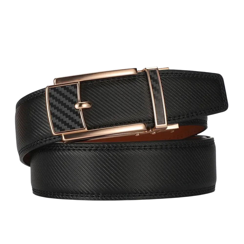 Men leather automatic belt featuring black textured strap and rose gold-toned carbon fiber inlay buckle for business wear