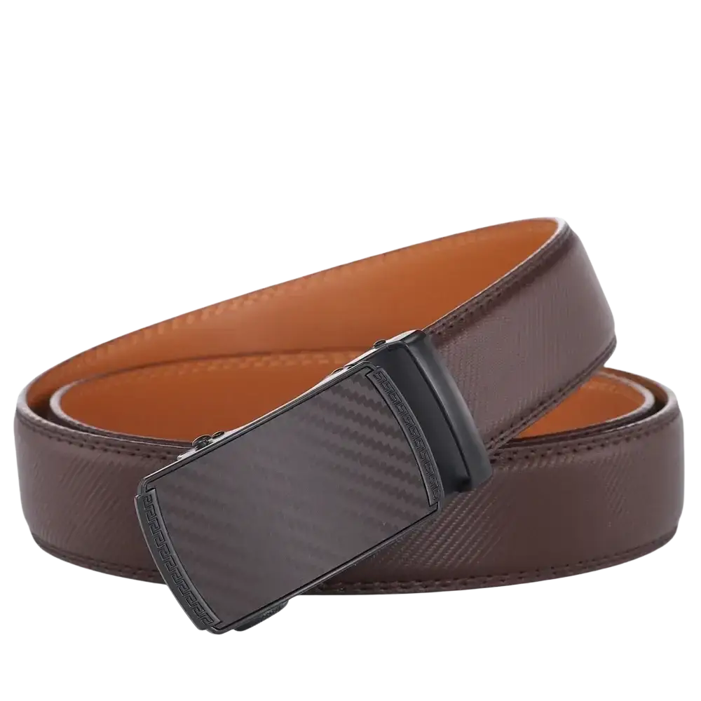 Brown leather automatic belt with black carbon fiber pattern buckle for luxury business dress use