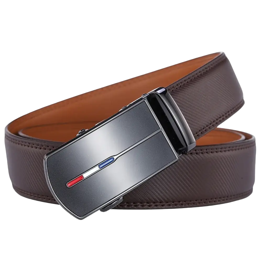 Men leather automatic belt with brown strap and sleek black buckle featuring red white and blue accent stripes