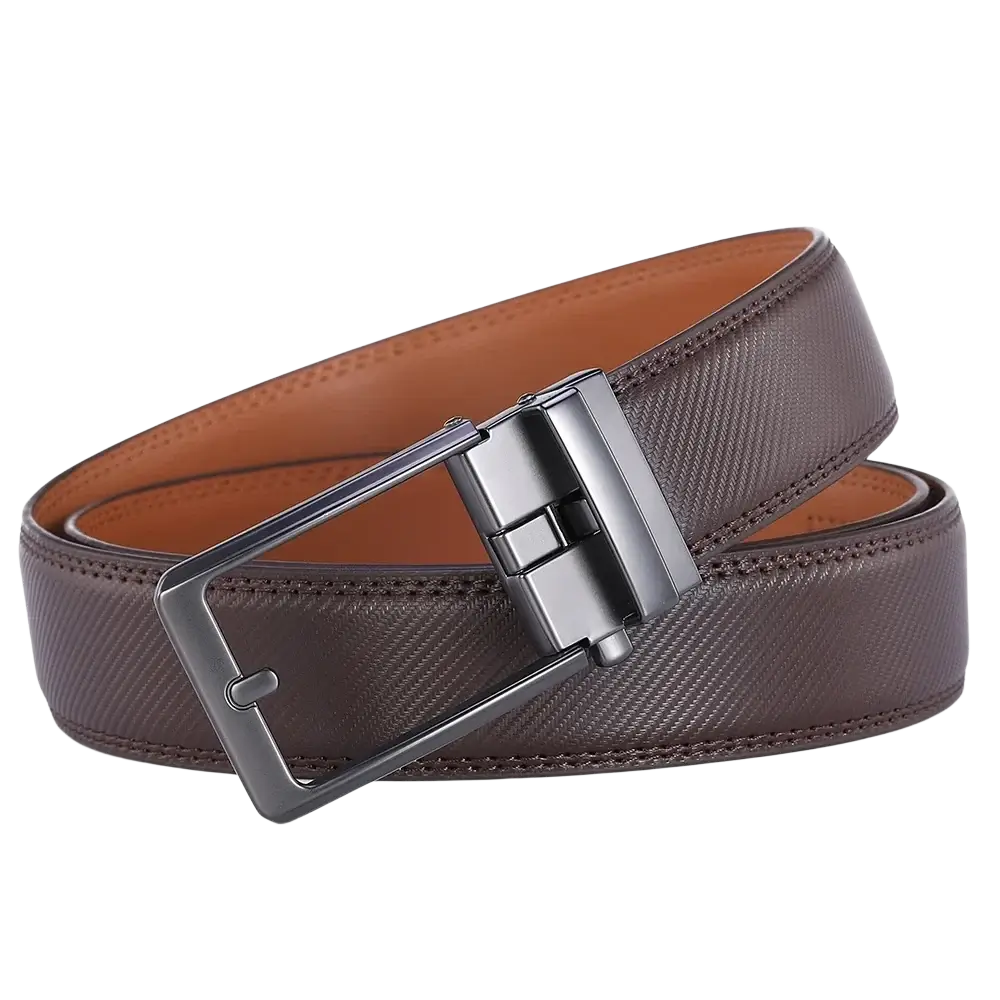 Men leather automatic belt with brown leather strap and sleek black metal buckle for luxury business dress