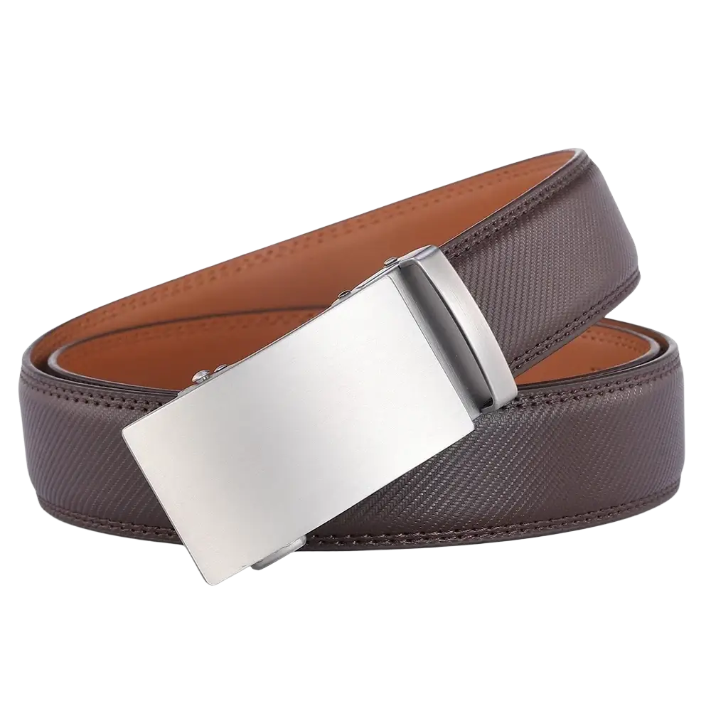 Brown leather men leather automatic belt with sleek silver toned automatic buckle for luxury business dress use