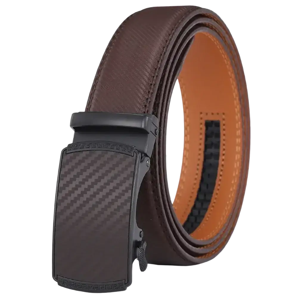 Brown leather automatic belt with black carbon fiber patterned buckle for luxury business dress use