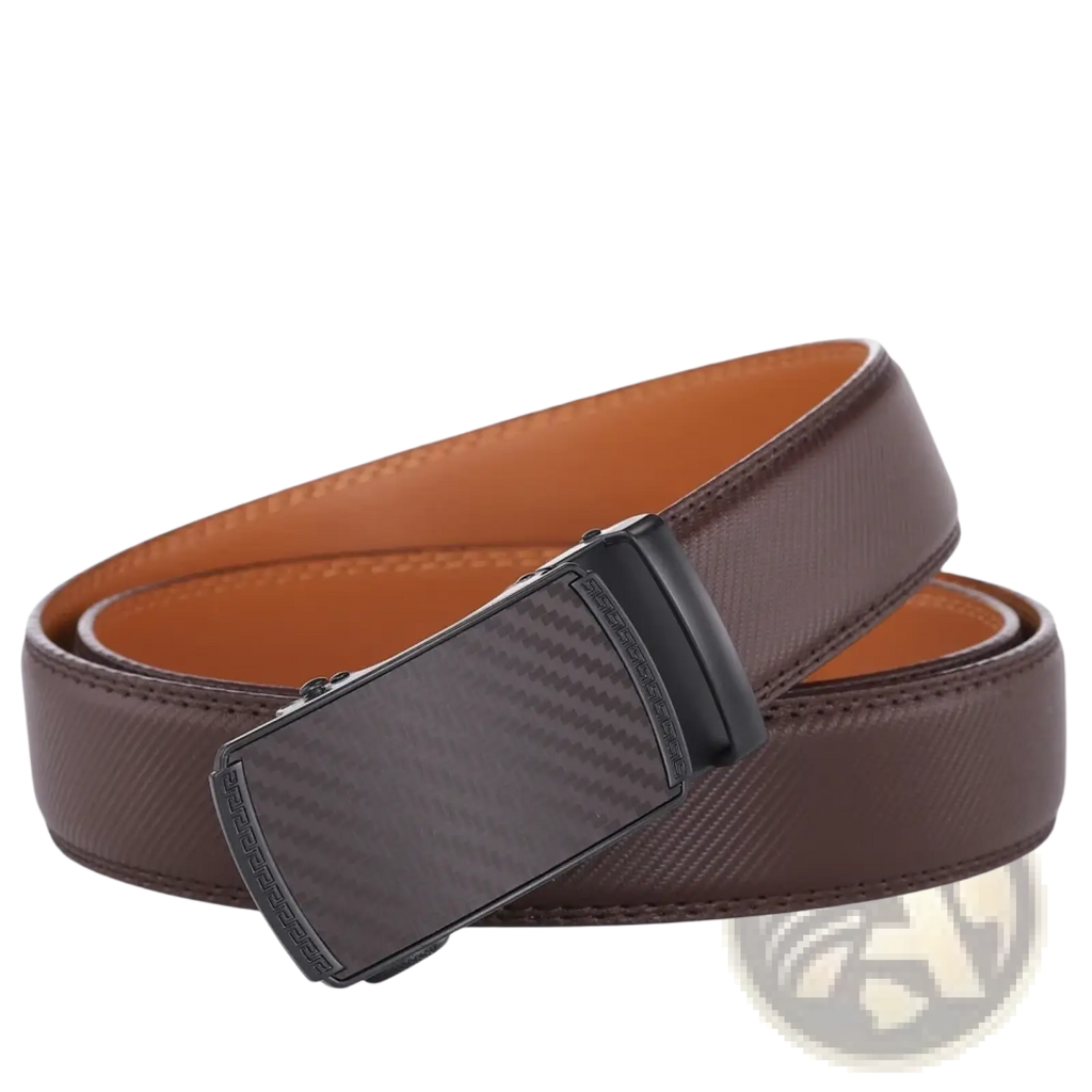 Brown leather men leather automatic belt with black carbon fiber patterned buckle for luxury business dress use