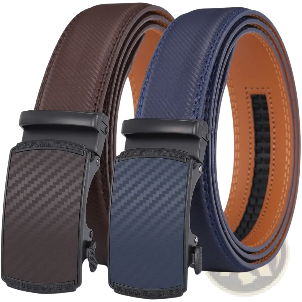Men leather automatic belt in brown and navy blue with carbon fiber pattern black buckle for luxury business dress wear