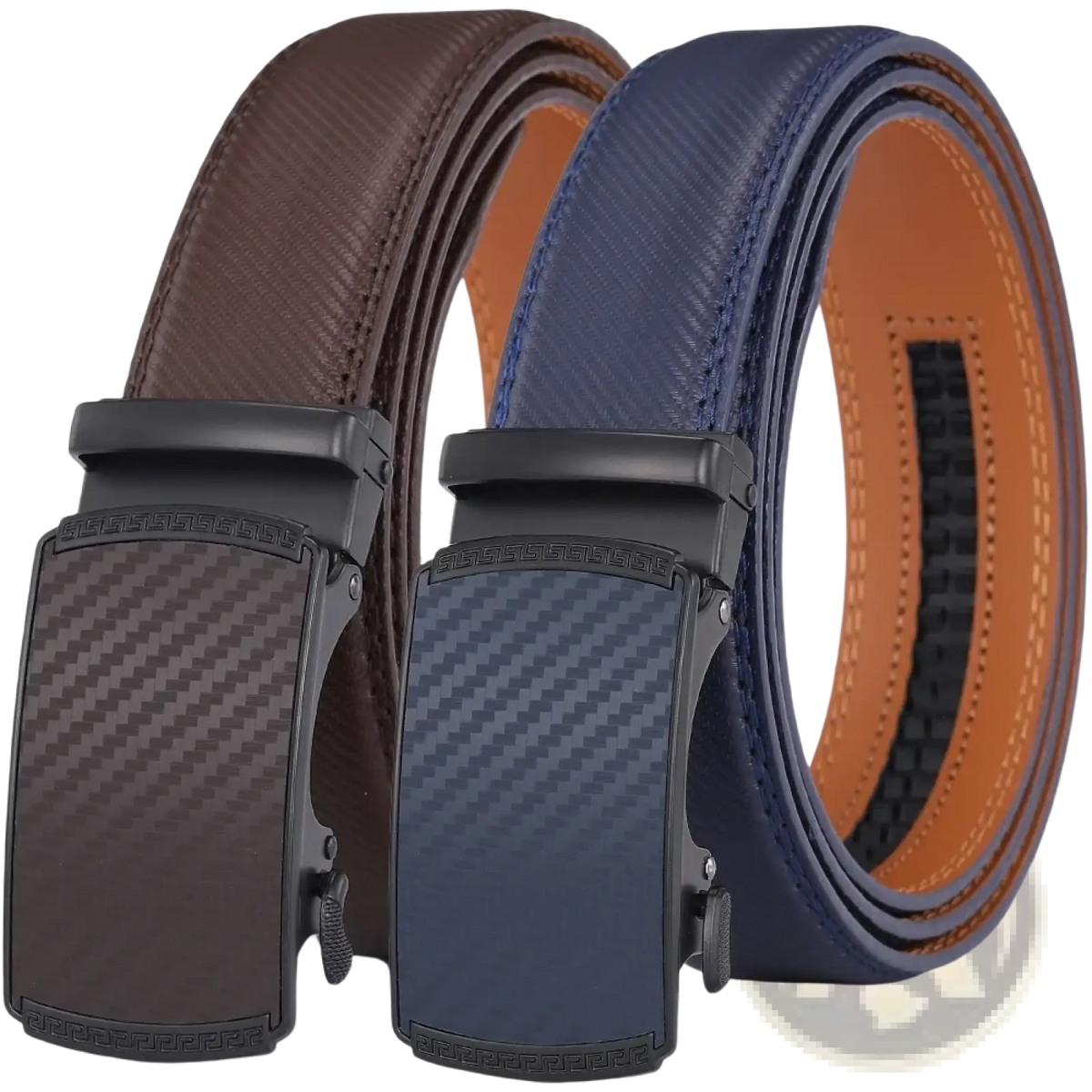 Men leather automatic belt in brown and navy blue with carbon fiber pattern black buckle for luxury business dress wear