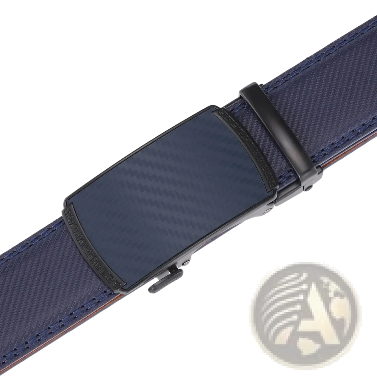 Dark blue men leather automatic belt with carbon fiber textured buckle and stitched edges for luxury business dress