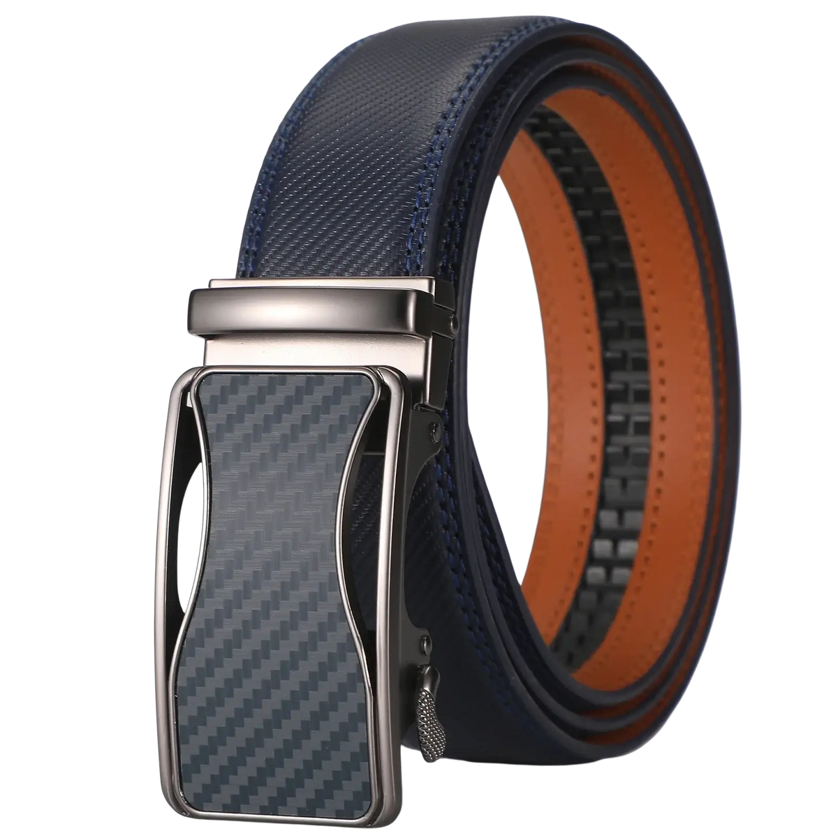 Men leather automatic belt with dark blue carbon fiber buckle, sleek metallic frame, and orange inner lining for business dress