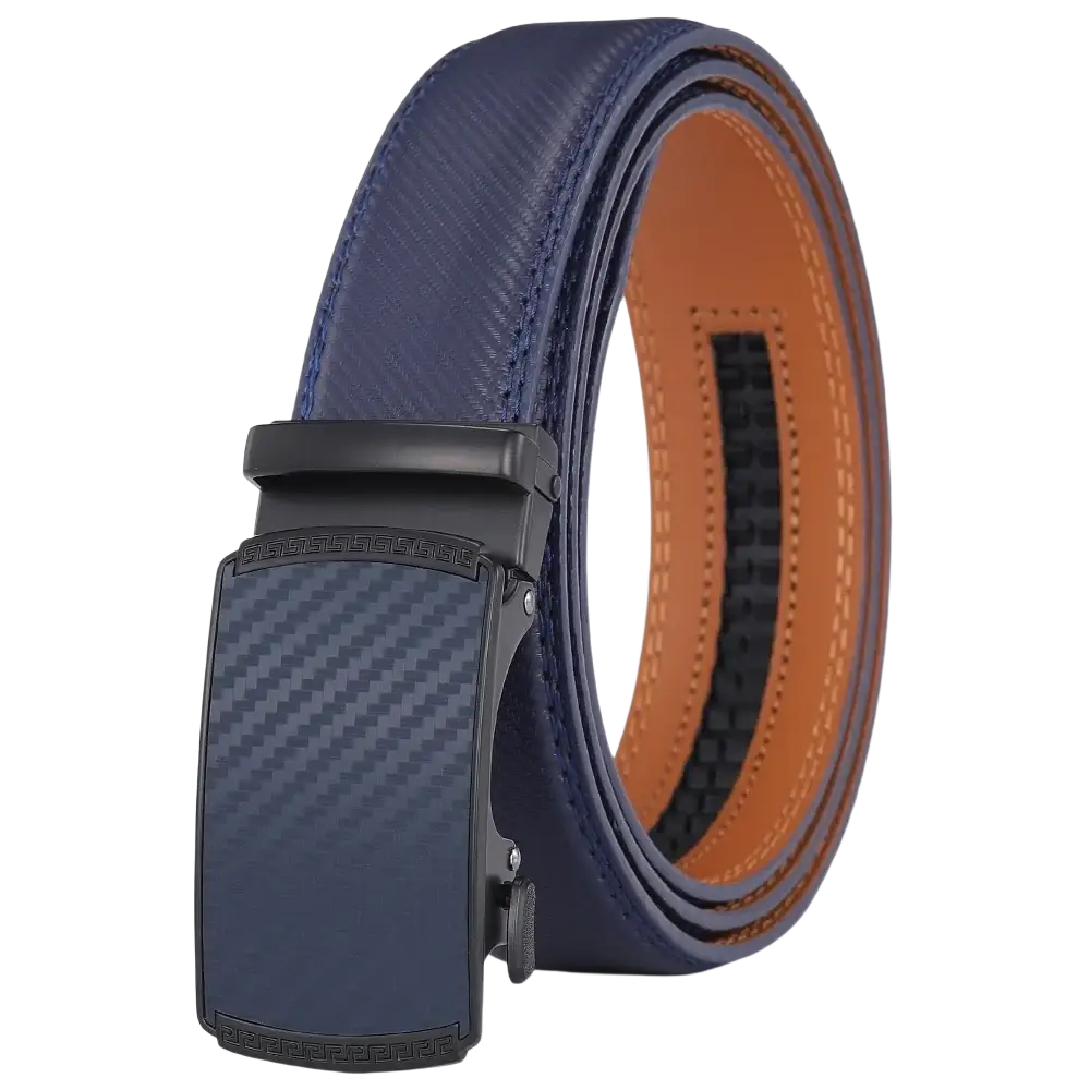 Navy blue leather men automatic belt with black carbon fiber buckle and tan inner lining for luxury business dress