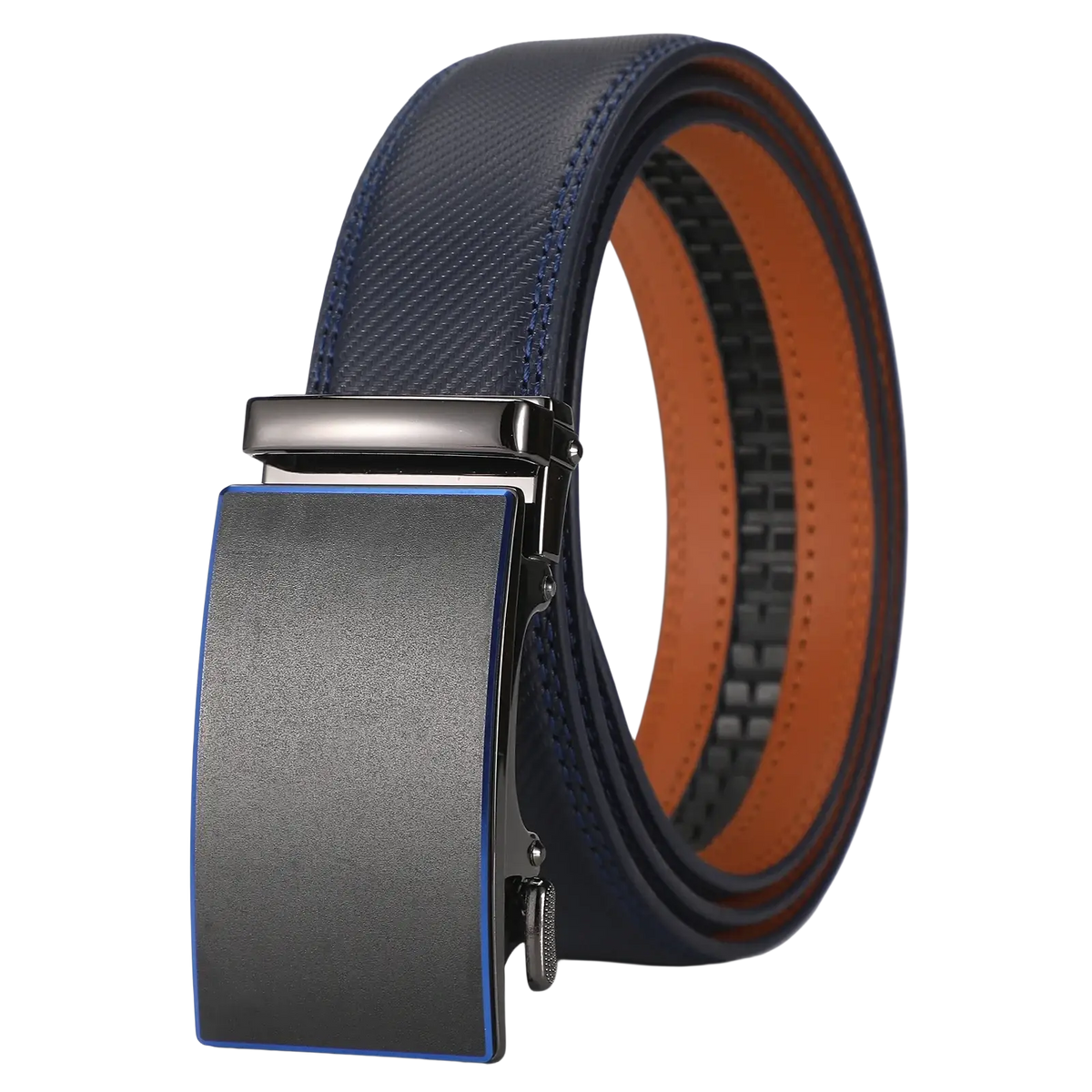 Navy blue textured leather men automatic belt with black and blue buckle for luxury business dress use