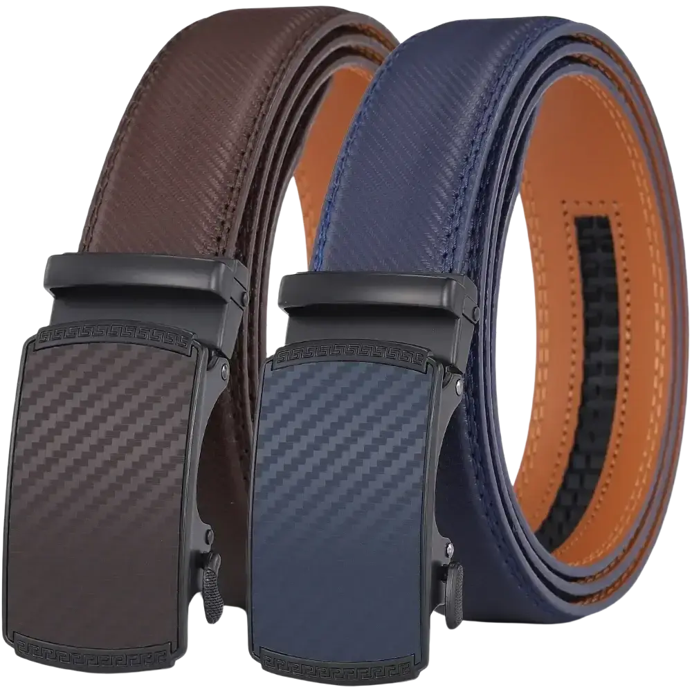 Two men luxury business dress automatic belts with brown and navy blue leather straps and black carbon fiber buckles