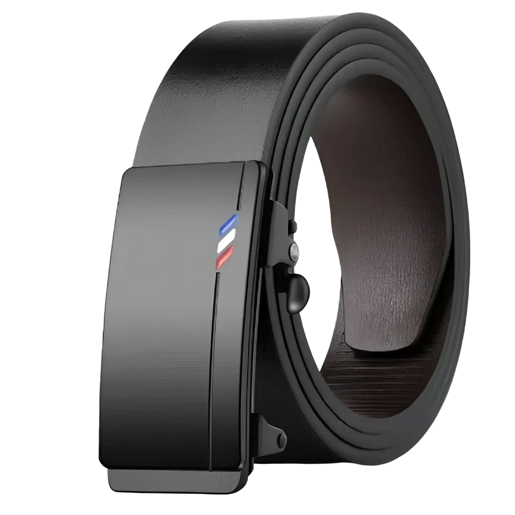 Men leather automatic buckle belt in black with a sleek matte-finish automatic buckle and tricolor logo detail