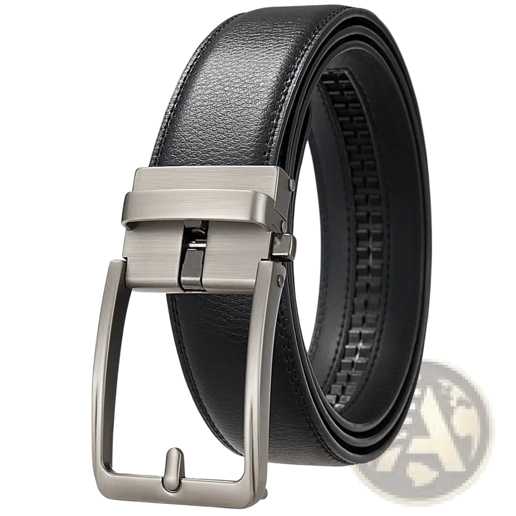 Men leather automatic buckle belt in black with a brushed silver-toned automatic buckle made of leather