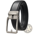 Men leather automatic buckle belt in black with a brushed silver-toned automatic buckle made of leather
