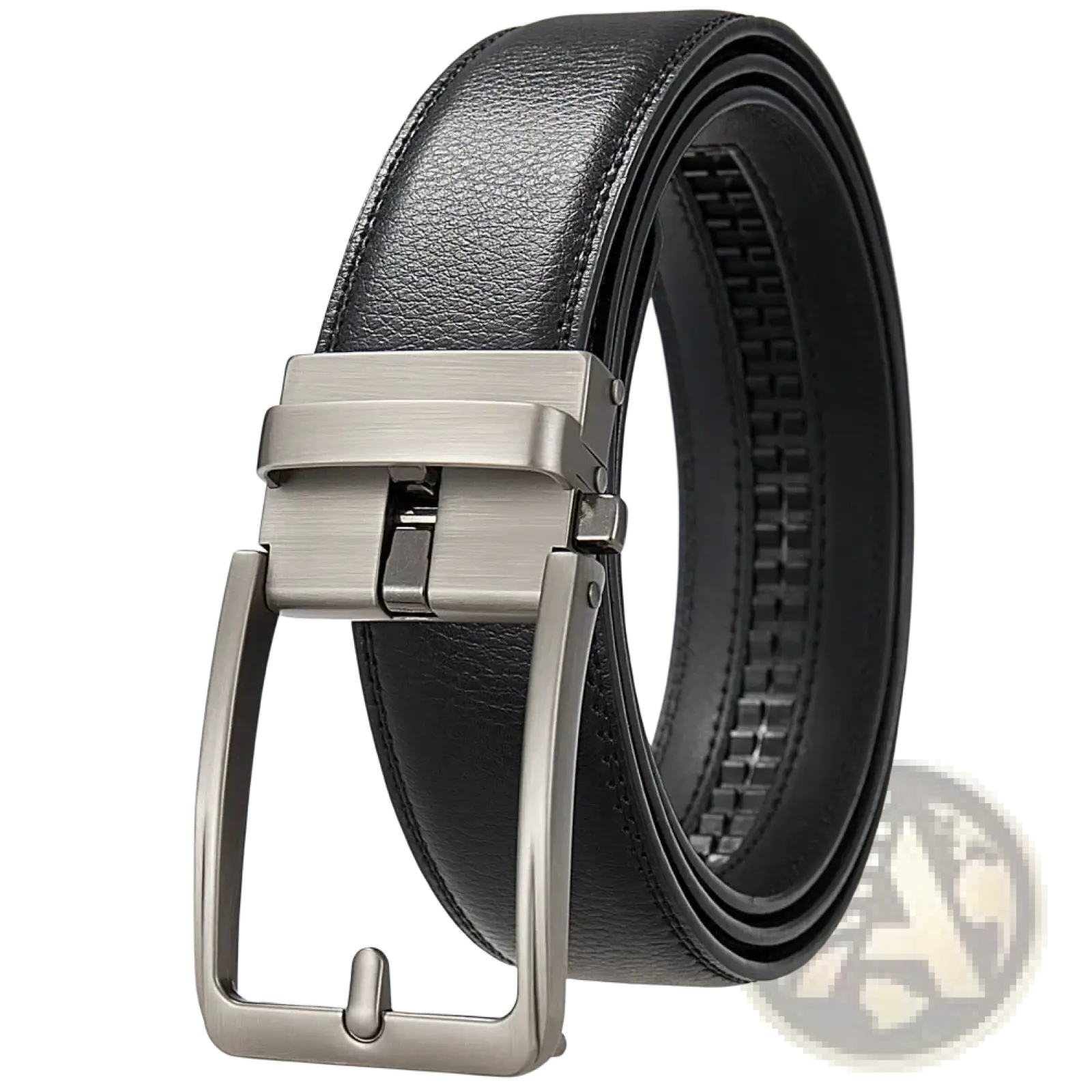 Men leather automatic buckle belt in black with a brushed silver-toned automatic buckle made of leather