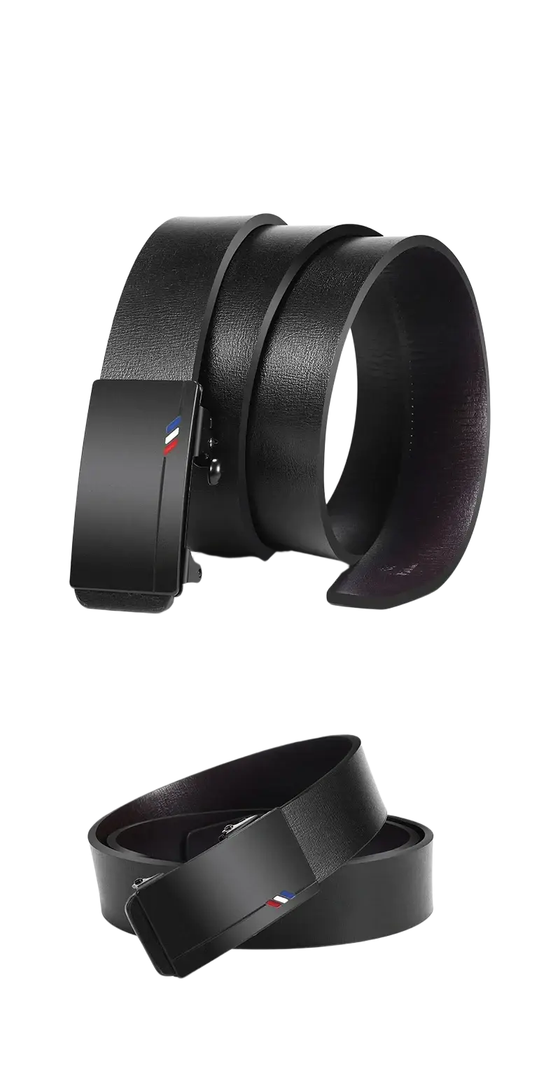 Men leather automatic buckle belt in black with a sleek rectangular buckle featuring a small French flag emblem