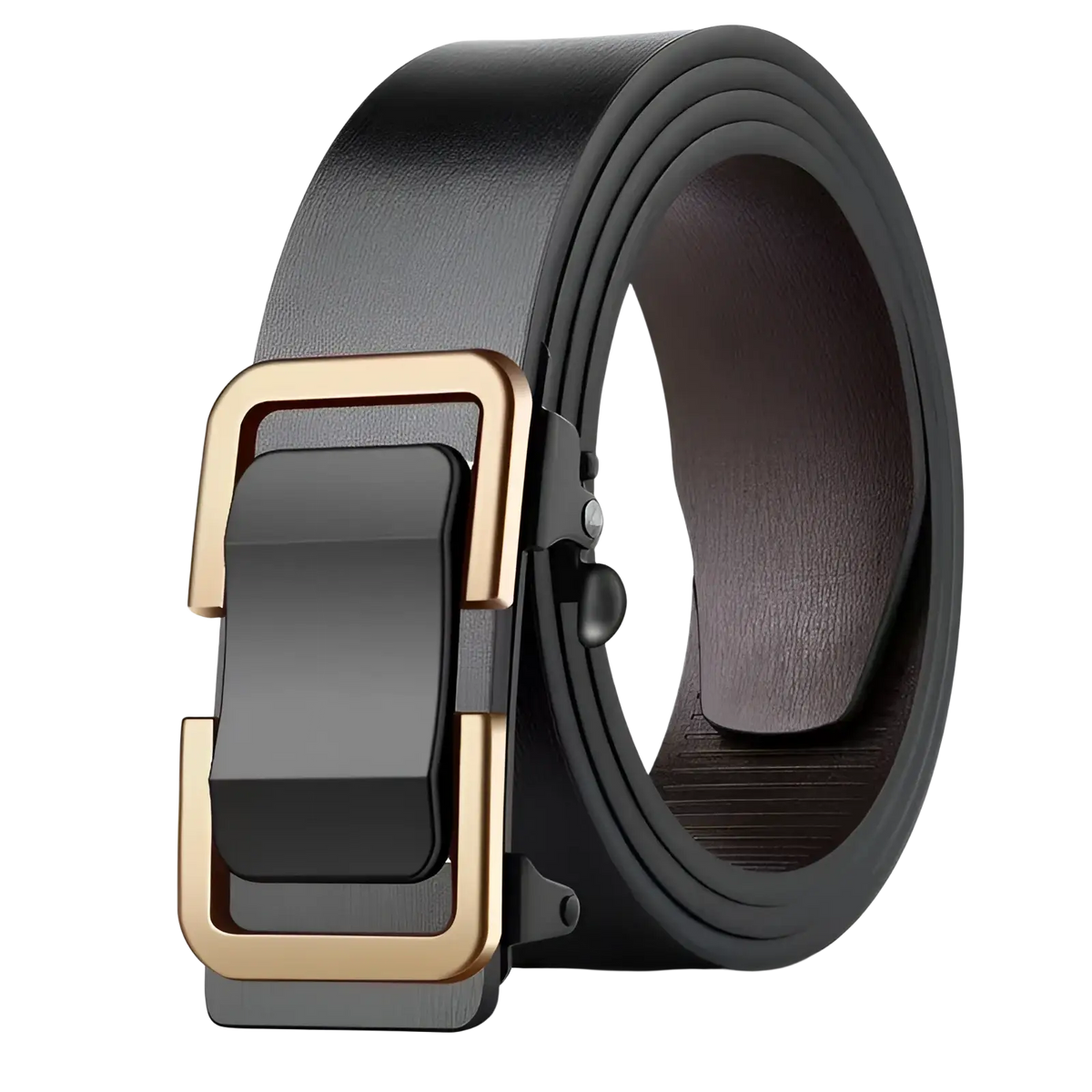 Black leather men leather automatic buckle belt with gold tone automatic buckle for formal wear