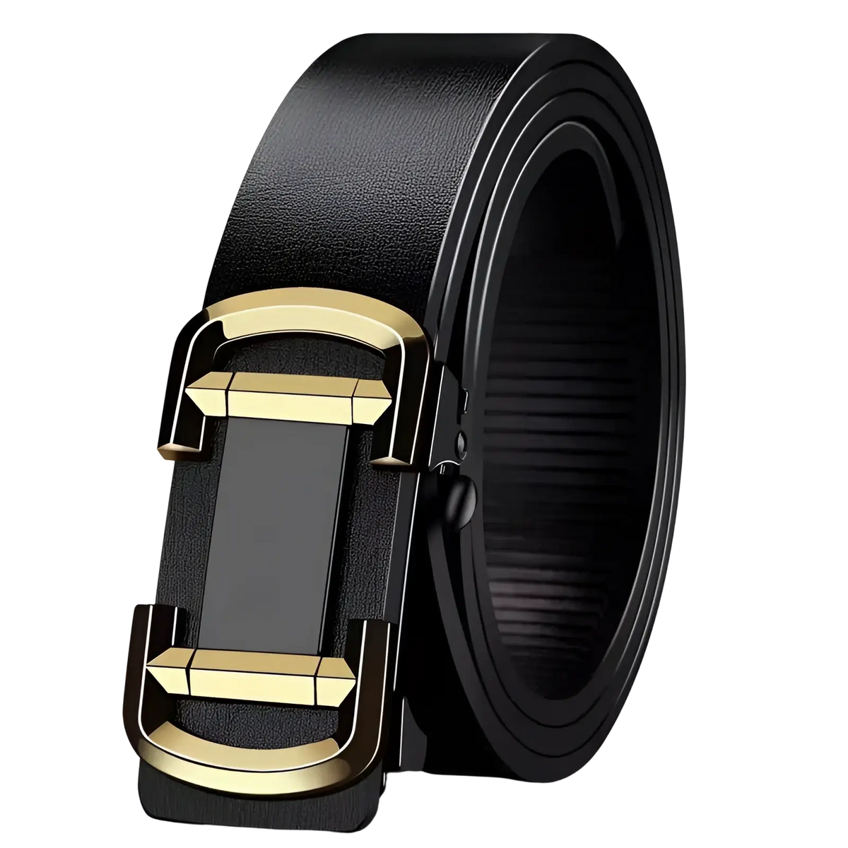 Men leather automatic buckle belt with black leather strap and sleek gold-toned automatic buckle