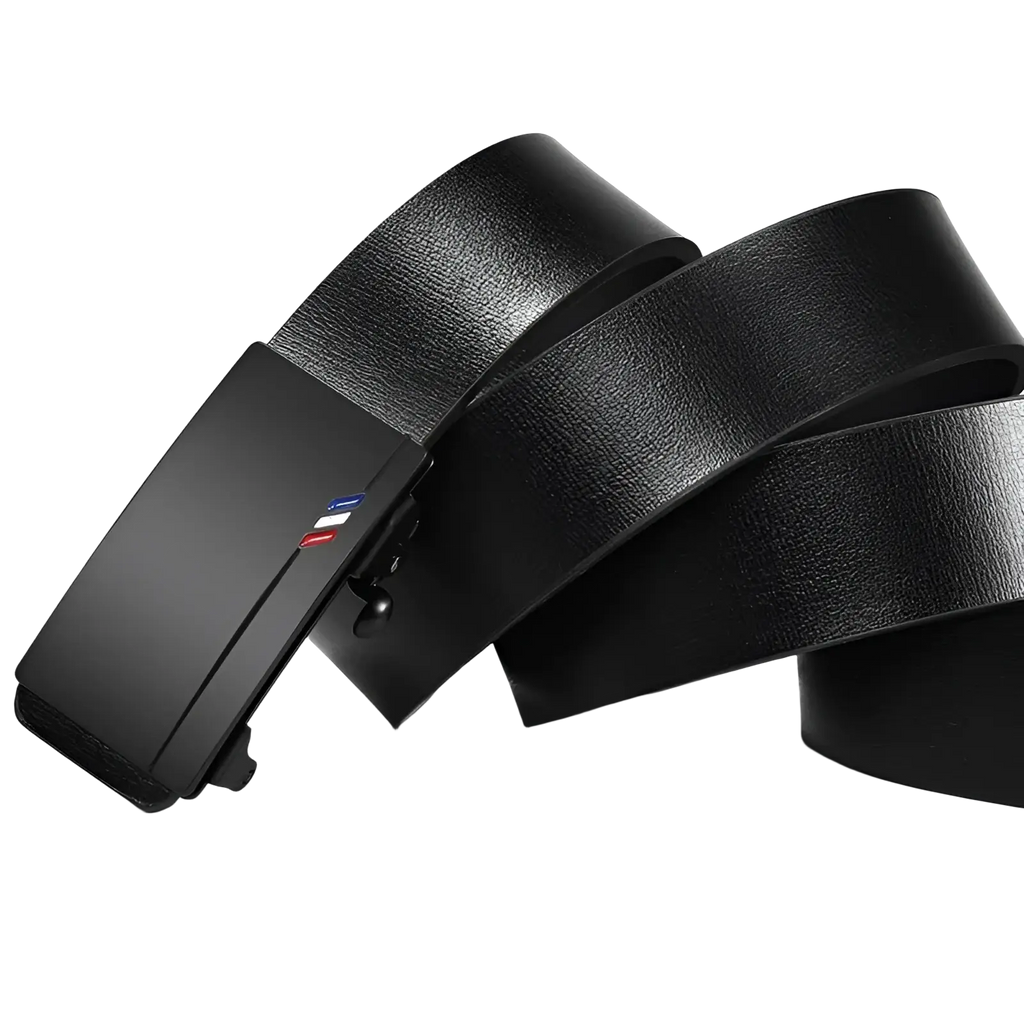 Men leather automatic buckle belt in black with a sleek matte-finish automatic buckle and red blue accent stripes