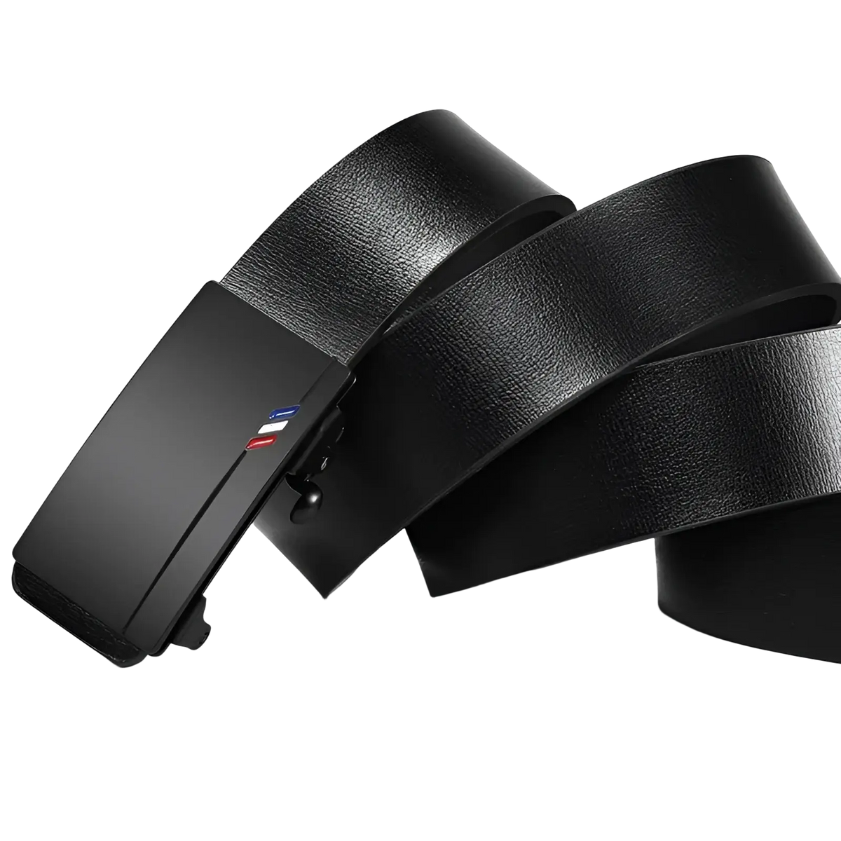 Men leather automatic buckle belt in black with a sleek matte-finish automatic buckle and red blue accent stripes