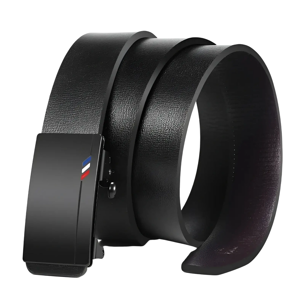 Men leather automatic buckle belt in black with a sleek matte-finish metal buckle and red white blue stripe detail