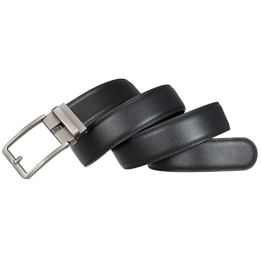 Men leather automatic buckle belt in black with a silver toned automatic buckle and smooth leather finish