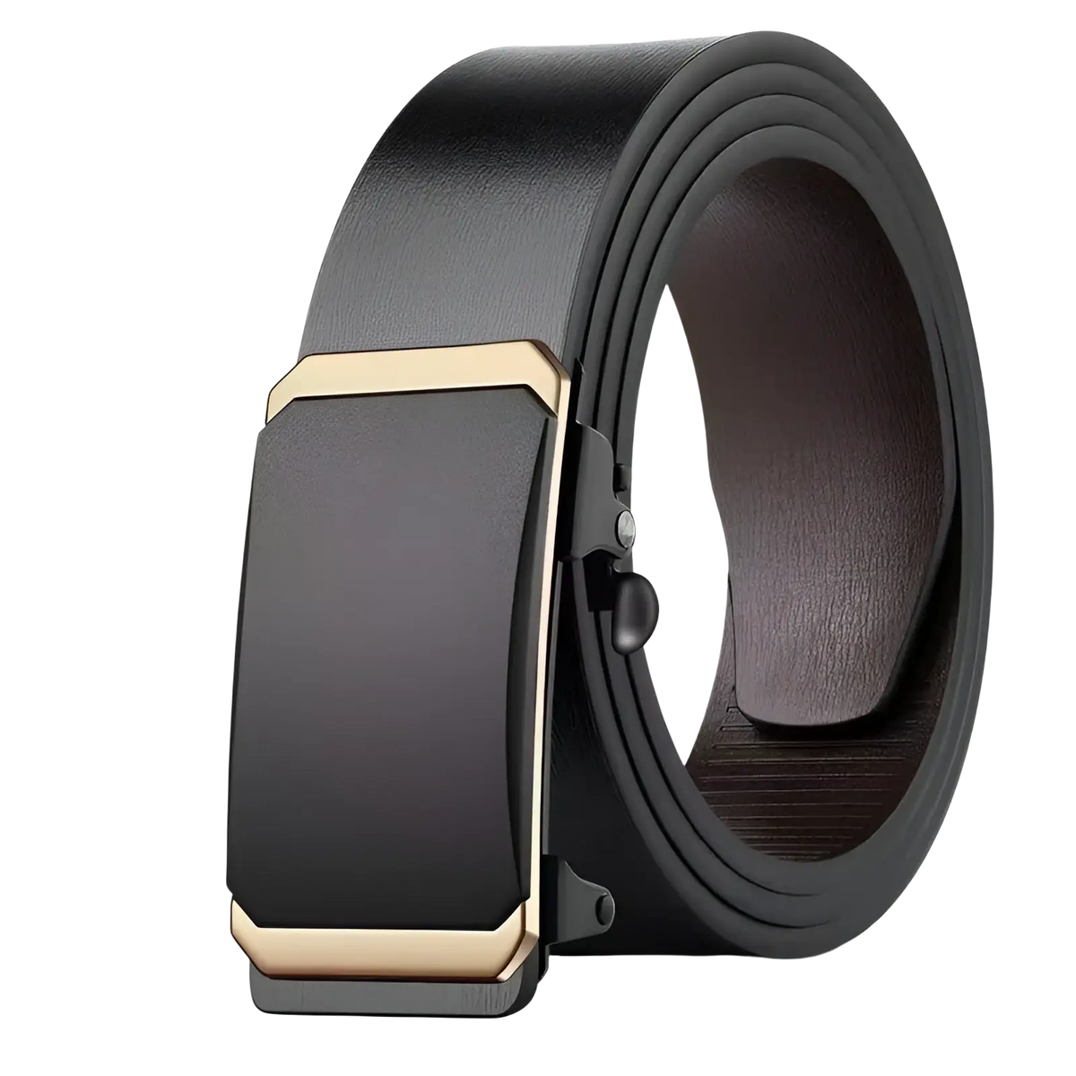 Men leather automatic buckle belt with black leather strap and sleek rectangular buckle with gold-tone edges and matte black center