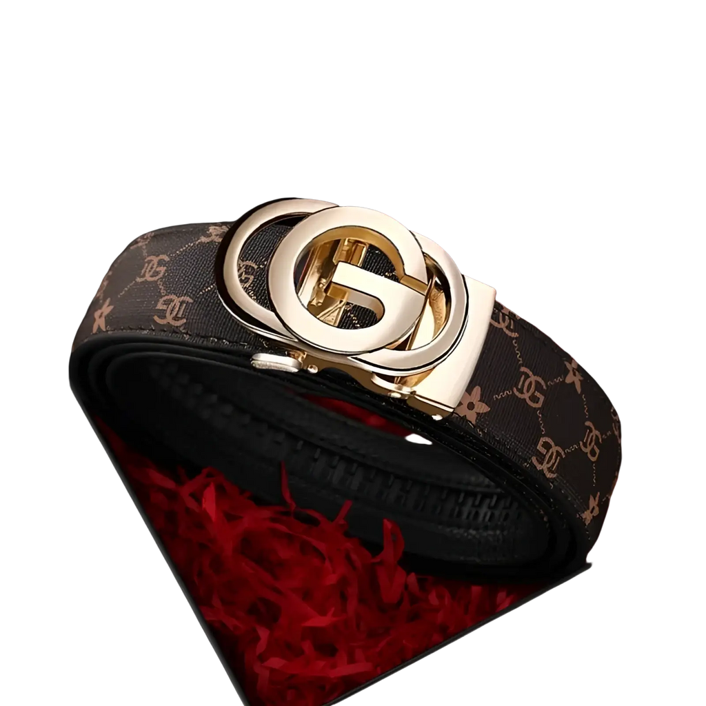 Men leather automatic buckle belt in black with gold-toned interlocking g buckle and repeating monogram pattern