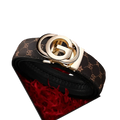 Men leather automatic buckle belt in black with gold-toned interlocking g buckle and repeating monogram pattern