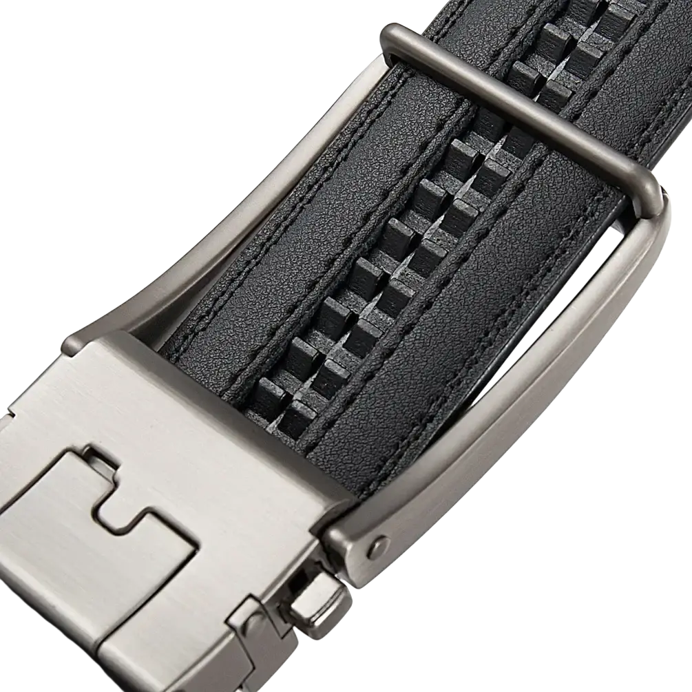Men leather automatic buckle belt in black with a silver-toned metal buckle and zipper detail