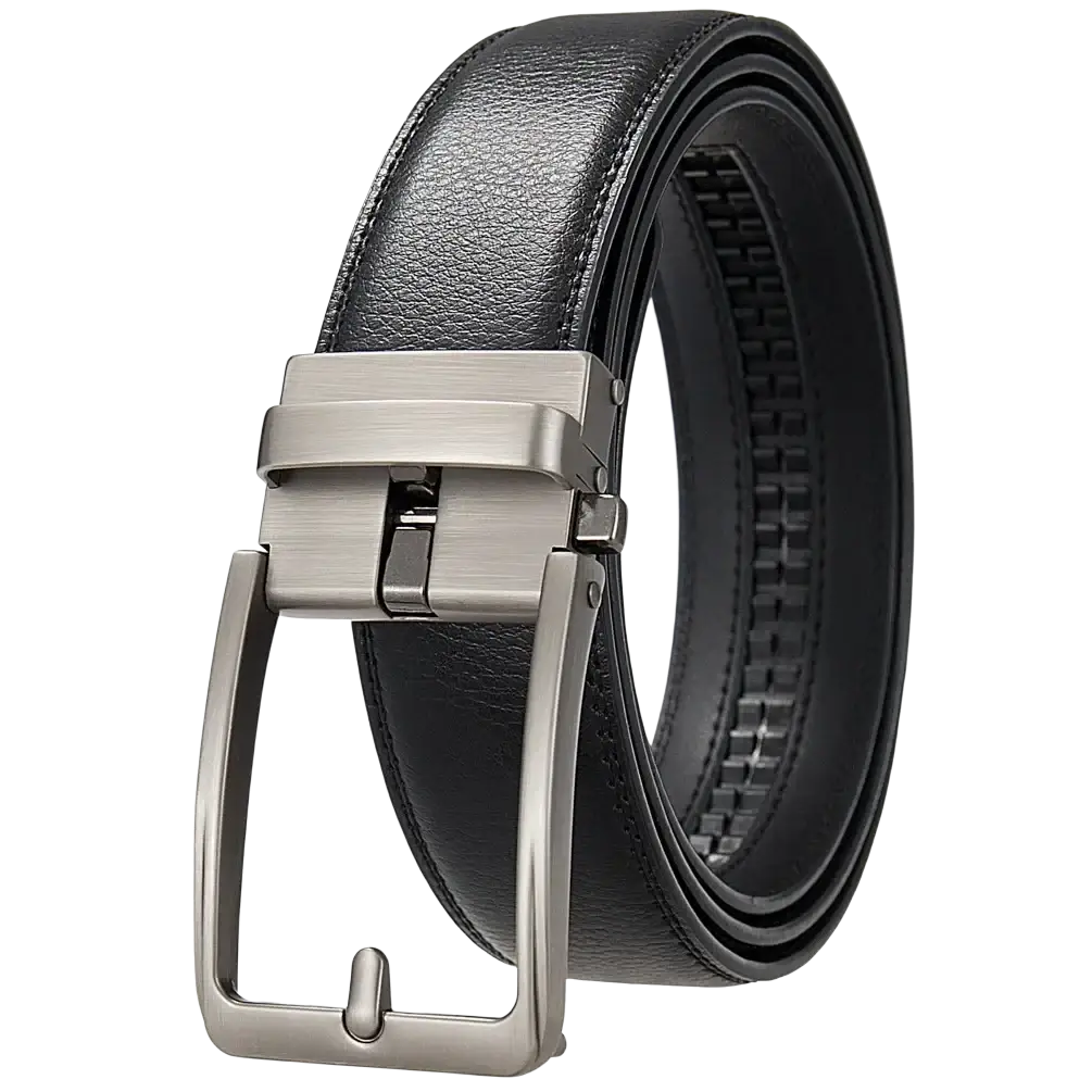 Men leather automatic buckle belt in black with a brushed silver-toned automatic buckle made of leather