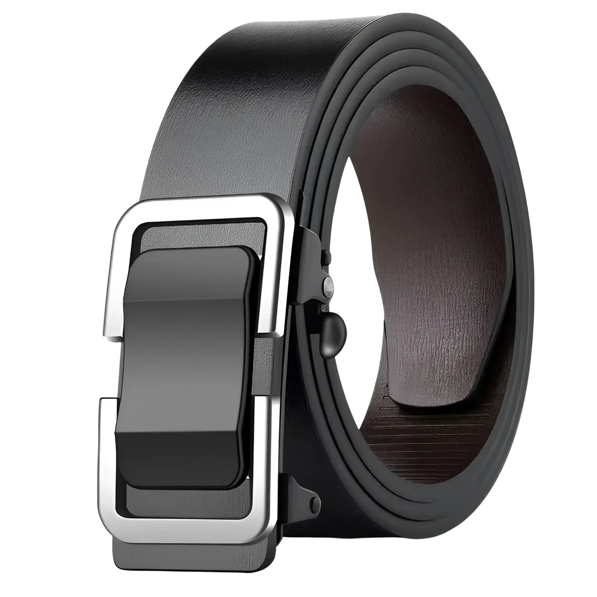 Men leather automatic buckle belt in black with a sleek silver-toned automatic buckle and smooth finish